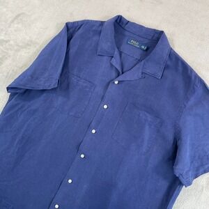 Polo Ralph Lauren Loop Collar Camp Shirt Men 2XL Blue Linen Silk Blend Designer